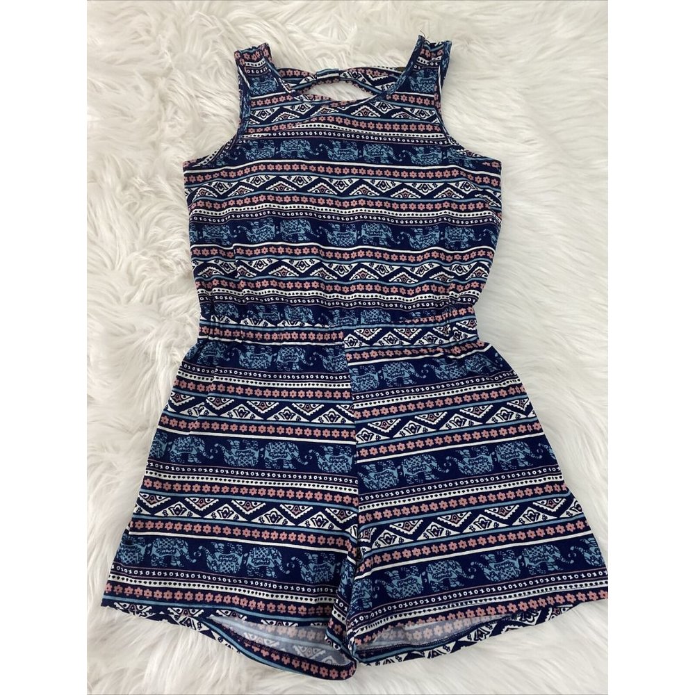 Poof girl Large Boho elephant sleeveless romper soft stretch peep back EUC